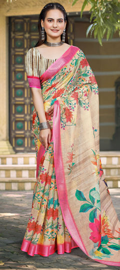 Yellow color Saree in Cotton, Linen fabric with Digital Print, Floral, Weaving work