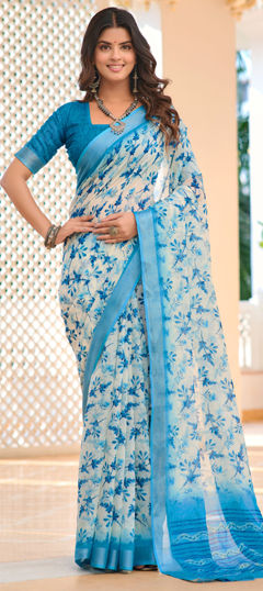 Blue color Saree in Cotton, Linen fabric with Digital Print, Weaving work