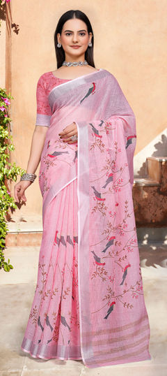 Pink and Majenta color Saree in Cotton, Linen fabric with Digital Print, Weaving work