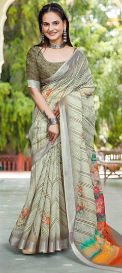 Green color Saree in Cotton, Linen fabric with Digital Print, Floral, Weaving work