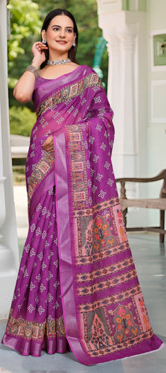 Purple and Violet color Saree in Cotton, Linen fabric with Digital Print, Weaving work