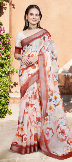 White and Off White color Saree in Cotton, Linen fabric with Digital Print, Floral, Weaving work