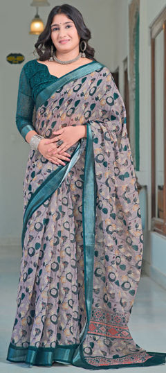 Black and Grey color Saree in Cotton, Linen fabric with Digital Print, Weaving work