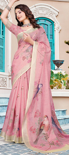 Pink and Majenta color Saree in Cotton, Linen fabric with Digital Print, Weaving work