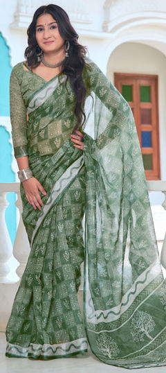 Green color Saree in Cotton, Linen fabric with Digital Print, Weaving work