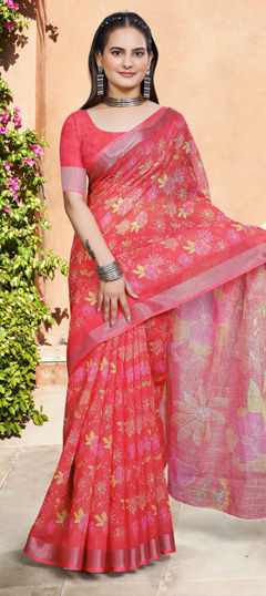Red and Maroon color Saree in Cotton, Linen fabric with Digital Print, Floral, Weaving work