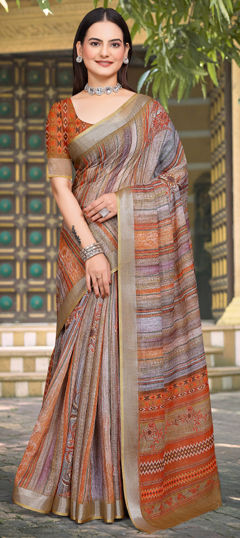 Black and Grey color Saree in Cotton, Linen fabric with Digital Print, Floral, Weaving work