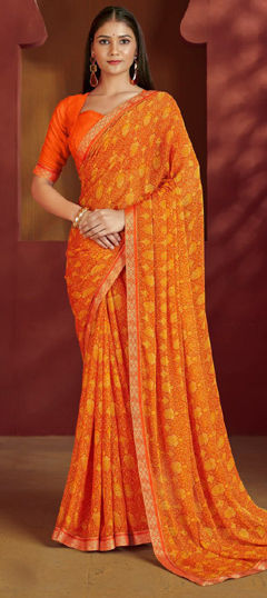 Orange color Saree in Chiffon fabric with Border, Printed work
