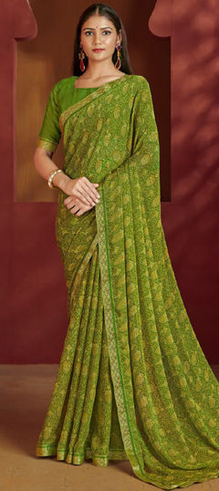Green color Saree in Chiffon fabric with Border, Printed work