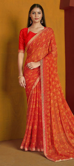 Red and Maroon color Saree in Chiffon fabric with Border, Printed work