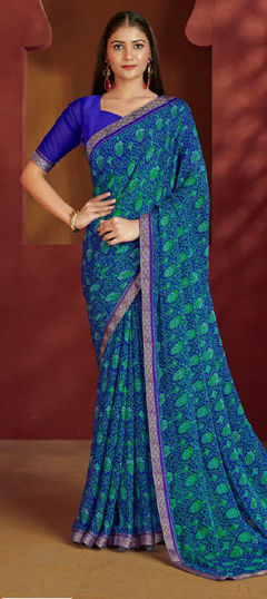 Blue color Saree in Chiffon fabric with Border, Printed work