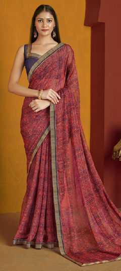 Multicolor color Saree in Chiffon fabric with Border, Printed work