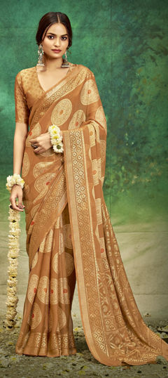 Beige and Brown color Saree in Silk fabric with Bandhej, Printed, Weaving work
