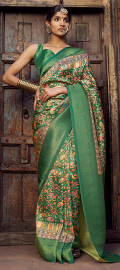 Green color Saree in Jacquard fabric with Weaving work