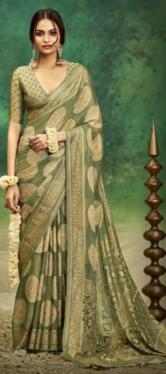 Green color Saree in Silk fabric with Bandhej, Printed, Weaving work