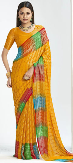 Yellow color Saree in Silk fabric with Bandhej, Printed work