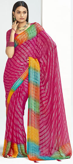 Pink and Majenta color Saree in Silk fabric with Bandhej, Printed work