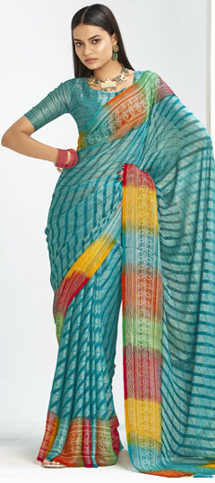 Blue color Saree in Silk fabric with Bandhej, Printed work