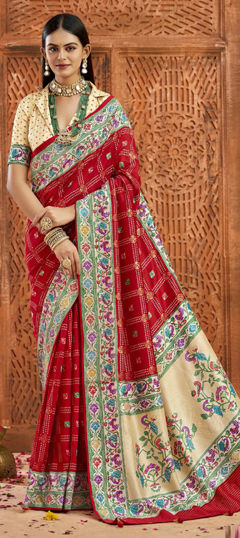 Red and Maroon color Saree in Silk fabric with Bandhej, Printed, Weaving work