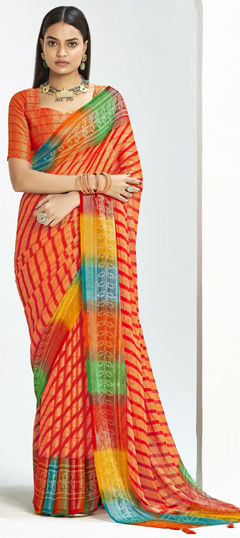 Red and Maroon color Saree in Silk fabric with Bandhej, Printed work