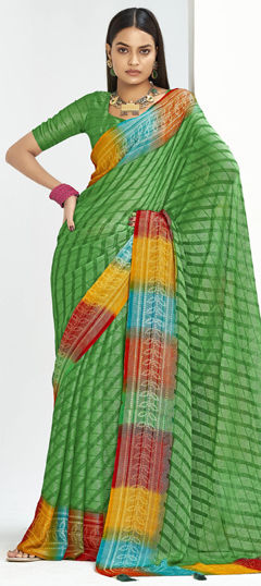 Green color Saree in Silk fabric with Bandhej, Printed work