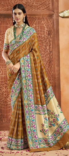 Beige and Brown color Saree in Silk fabric with Bandhej, Printed, Weaving work