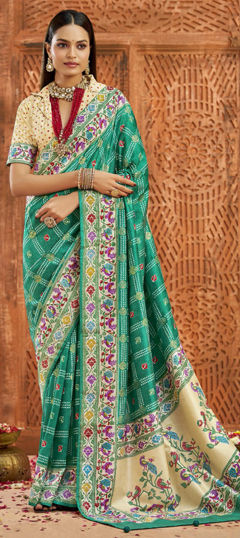 Green color Saree in Silk fabric with Bandhej, Printed, Weaving work
