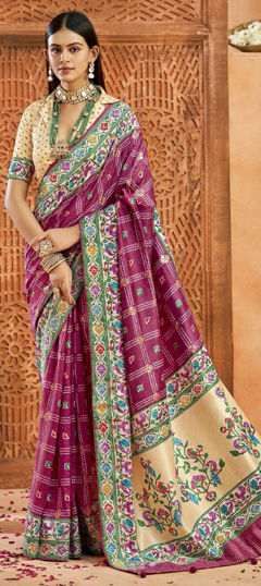 Pink and Majenta color Saree in Silk fabric with Bandhej, Printed, Weaving work