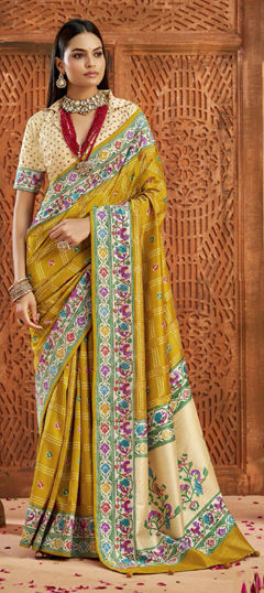 Gold color Saree in Silk fabric with Bandhej, Printed, Weaving work