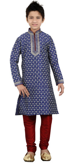 201905: Blue color Boys Kurta Pyjama in Art Silk fabric with Lace, Printed, Thread work