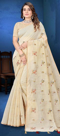 Beige and Brown color Saree in Tussar Silk fabric with Embroidered, Resham work