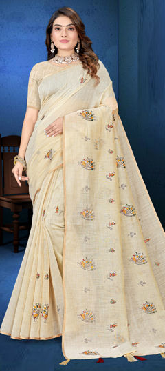 Beige and Brown color Saree in Tussar Silk fabric with Embroidered, Resham work