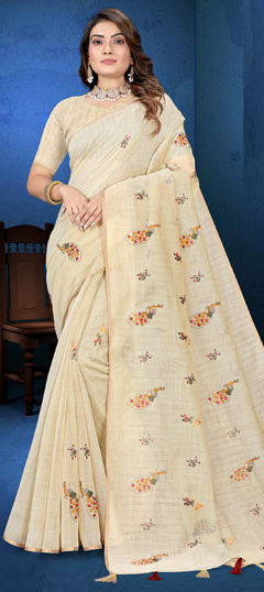 Beige and Brown color Saree in Tussar Silk fabric with Embroidered, Resham work