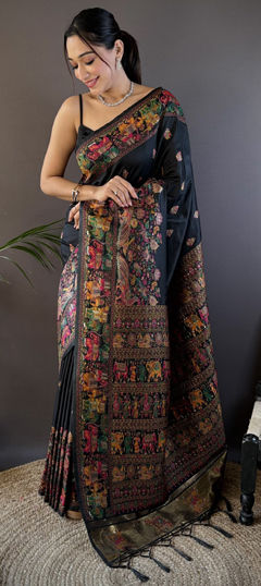 Black and Grey color Saree in Pashmina fabric with Weaving work