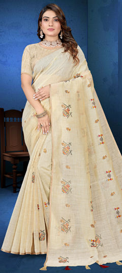 Beige and Brown color Saree in Tussar Silk fabric with Embroidered, Resham work