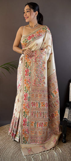 White and Off White color Saree in Pashmina fabric with Weaving work