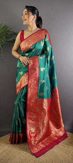Green color Saree in Banarasi Silk fabric with Weaving work