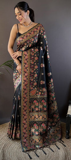 Black and Grey color Saree in Pashmina fabric with Weaving work
