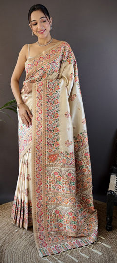 White and Off White color Saree in Pashmina fabric with Weaving work