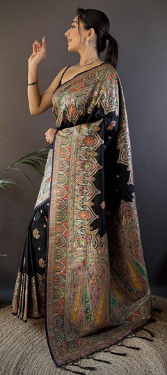Black and Grey color Saree in Pashmina fabric with Weaving work