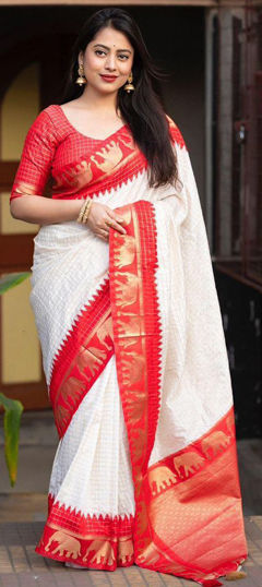 White and Off White color Saree in Art Silk fabric with Weaving work