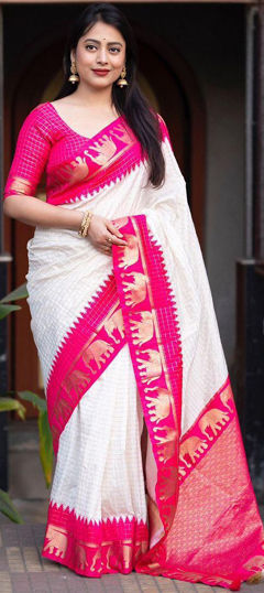White and Off White color Saree in Art Silk fabric with Weaving work
