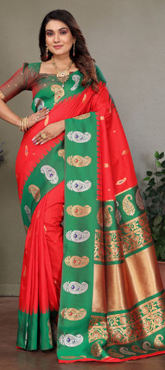 Red and Maroon color Saree in Banarasi Silk fabric with Weaving work