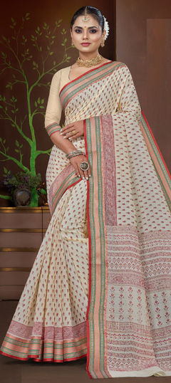 Red and Maroon, White and Off White color Saree in Cotton fabric with Printed work
