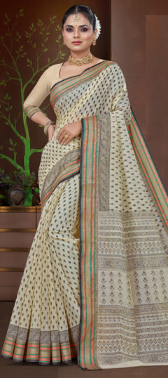 Black and Grey, White and Off White color Saree in Cotton fabric with Printed work