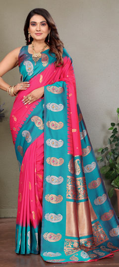 Pink and Majenta color Saree in Banarasi Silk fabric with Weaving work