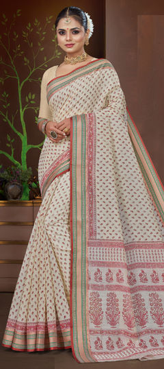 Red and Maroon, White and Off White color Saree in Cotton fabric with Printed work