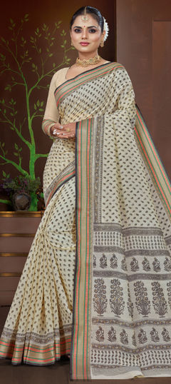 Black and Grey, White and Off White color Saree in Cotton fabric with Printed work