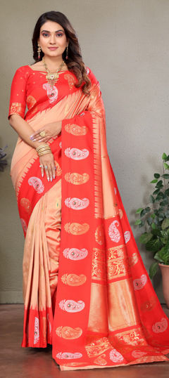 Beige and Brown color Saree in Banarasi Silk fabric with Weaving work