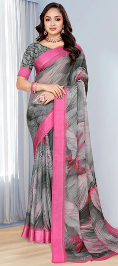 Black and Grey color Saree in Georgette fabric with Printed work